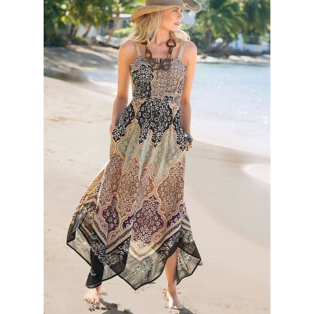 Soft Surroundings Boho Asymmetrical Midi Dress Smocked Cotton Pockets Medium